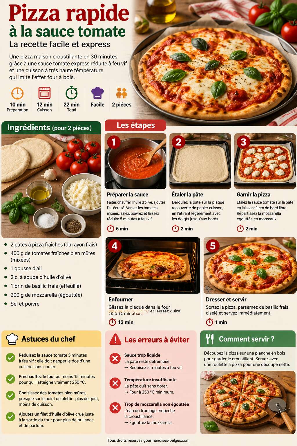 Fiche recette Pizza rapide &agrave; la sauce tomate : la recette facile et express