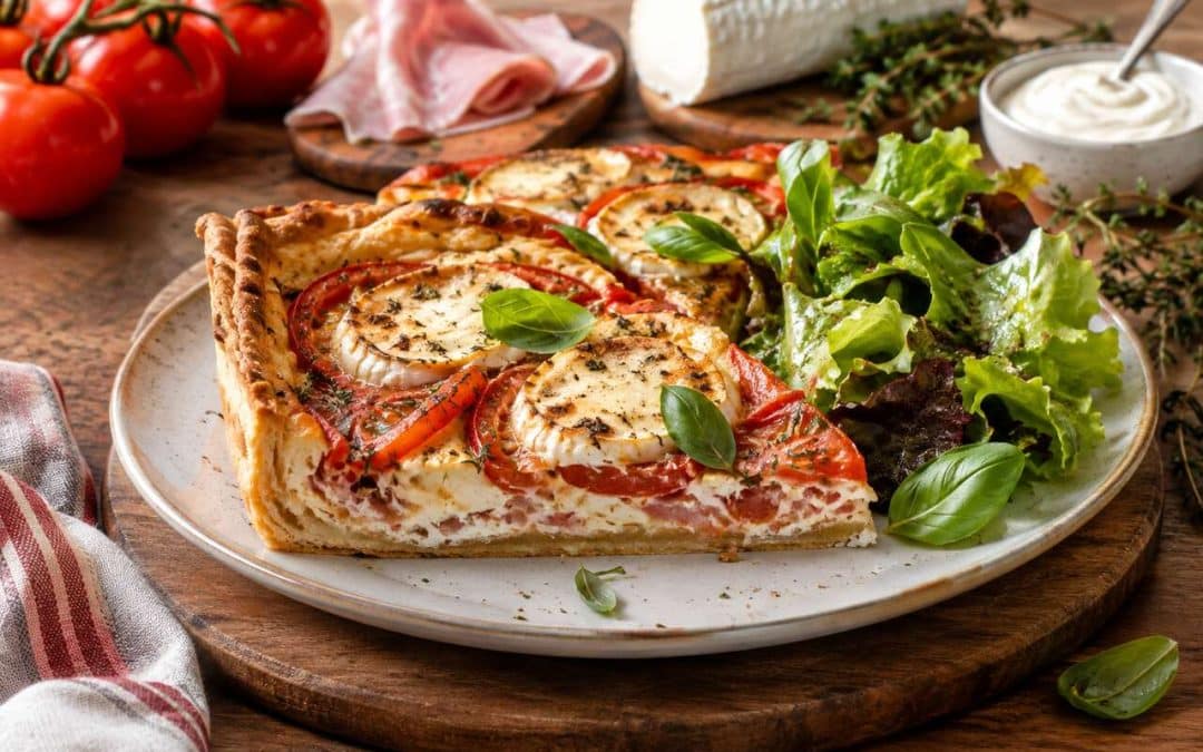 Recette de tarte au jambon, tomate et chèvre