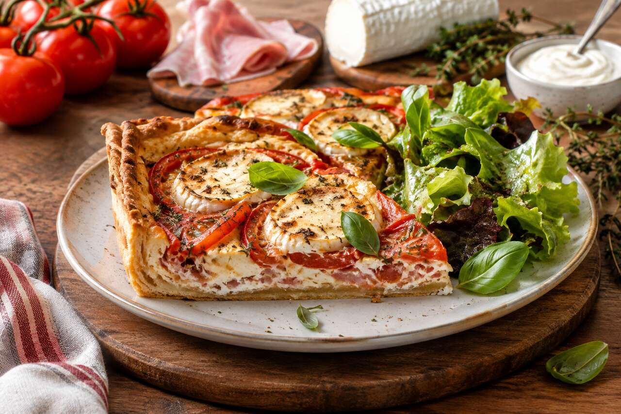 Recette de tarte au jambon, tomate et chèvre