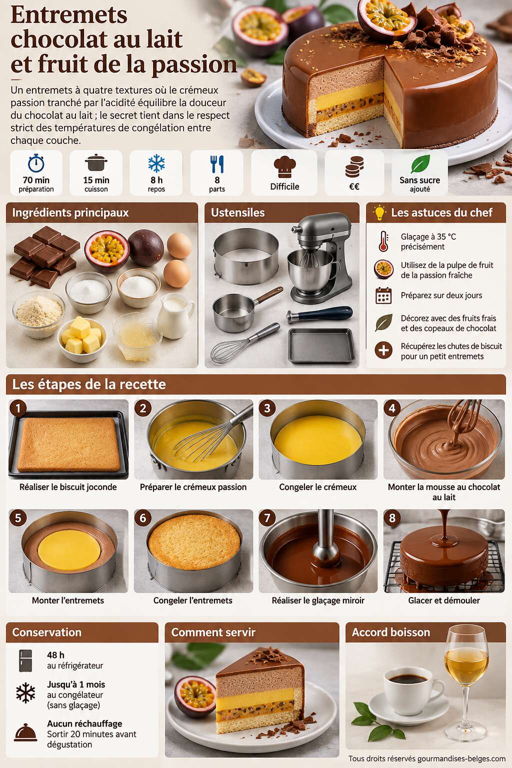 Fiche recette Recette d'entremets chocolat au lait et fruit de la passion Fiche recette Recette d'entremets chocolat au lait et fruit de la passion