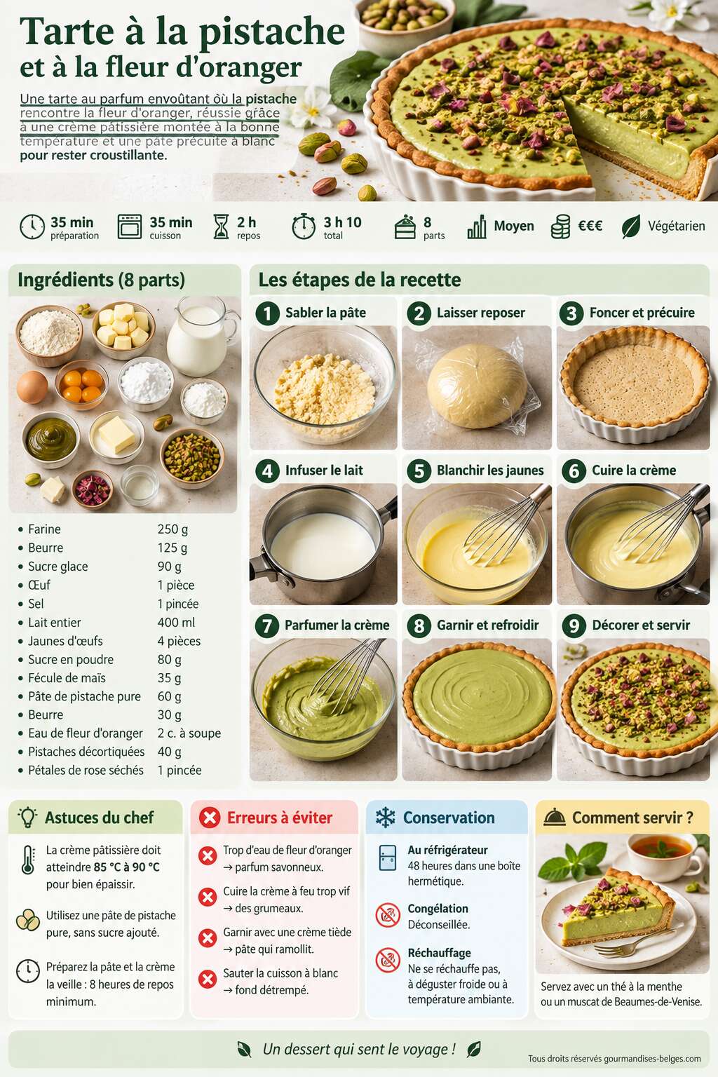 Fiche recette Recette de tarte à la pistache et à la fleur d'oranger Fiche recette Recette de tarte à la pistache et à la fleur d'oranger