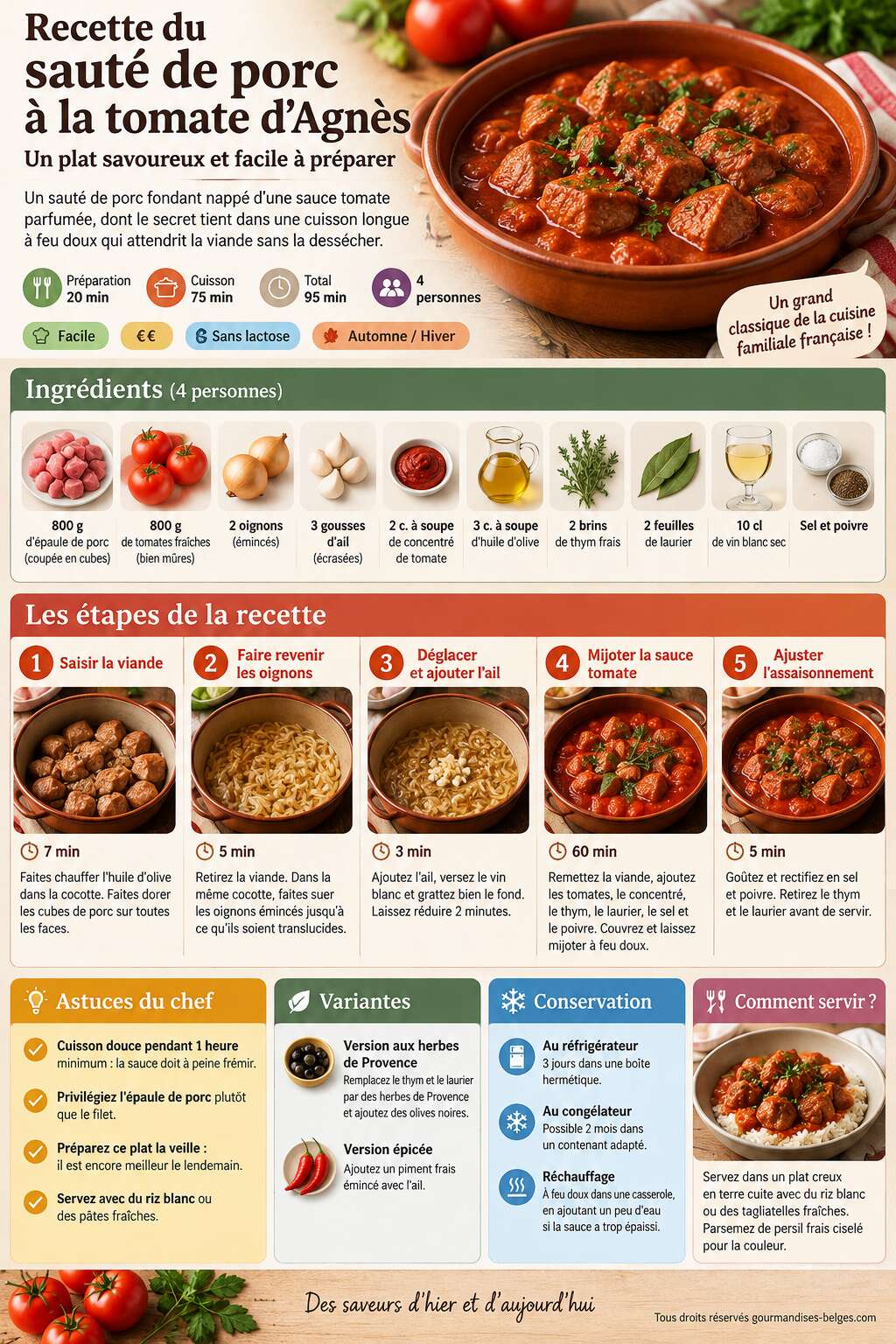 Fiche recette Recette du sauté de porc à la tomate d'Agnès : un plat savoureux et facile à préparer Fiche recette Recette du sauté de porc à la tomate d'Agnès : un plat savoureux et facile à préparer