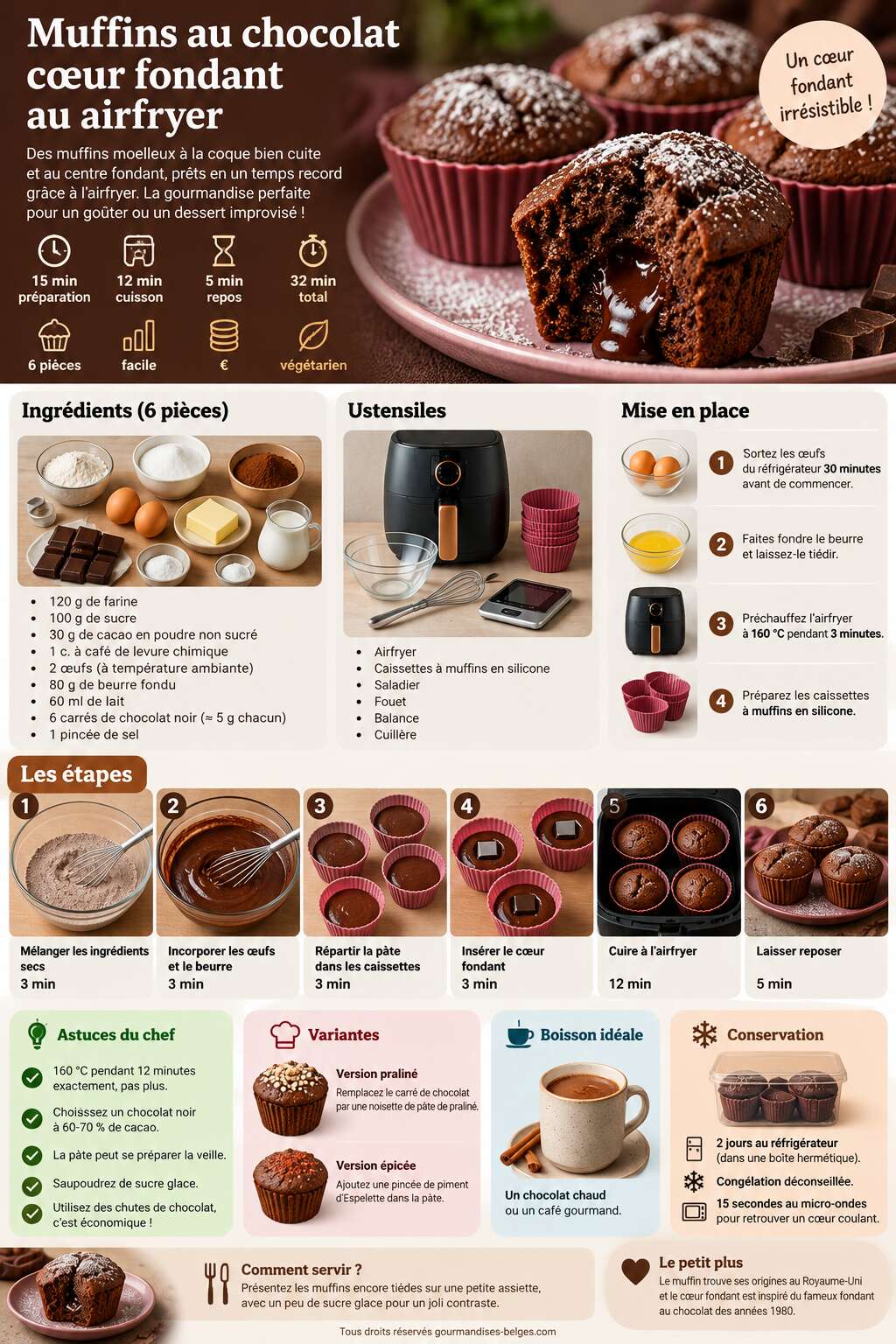 Fiche recette Muffins au chocolat cœur fondant au airfryer Fiche recette Muffins au chocolat cœur fondant au airfryer