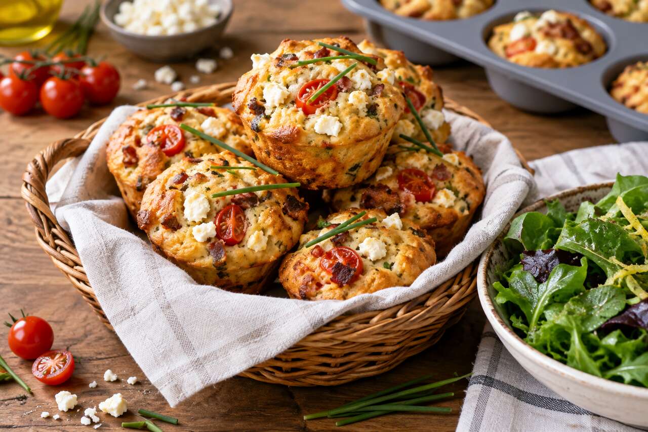 Recette de muffins au bacon, œuf, tomates et feta