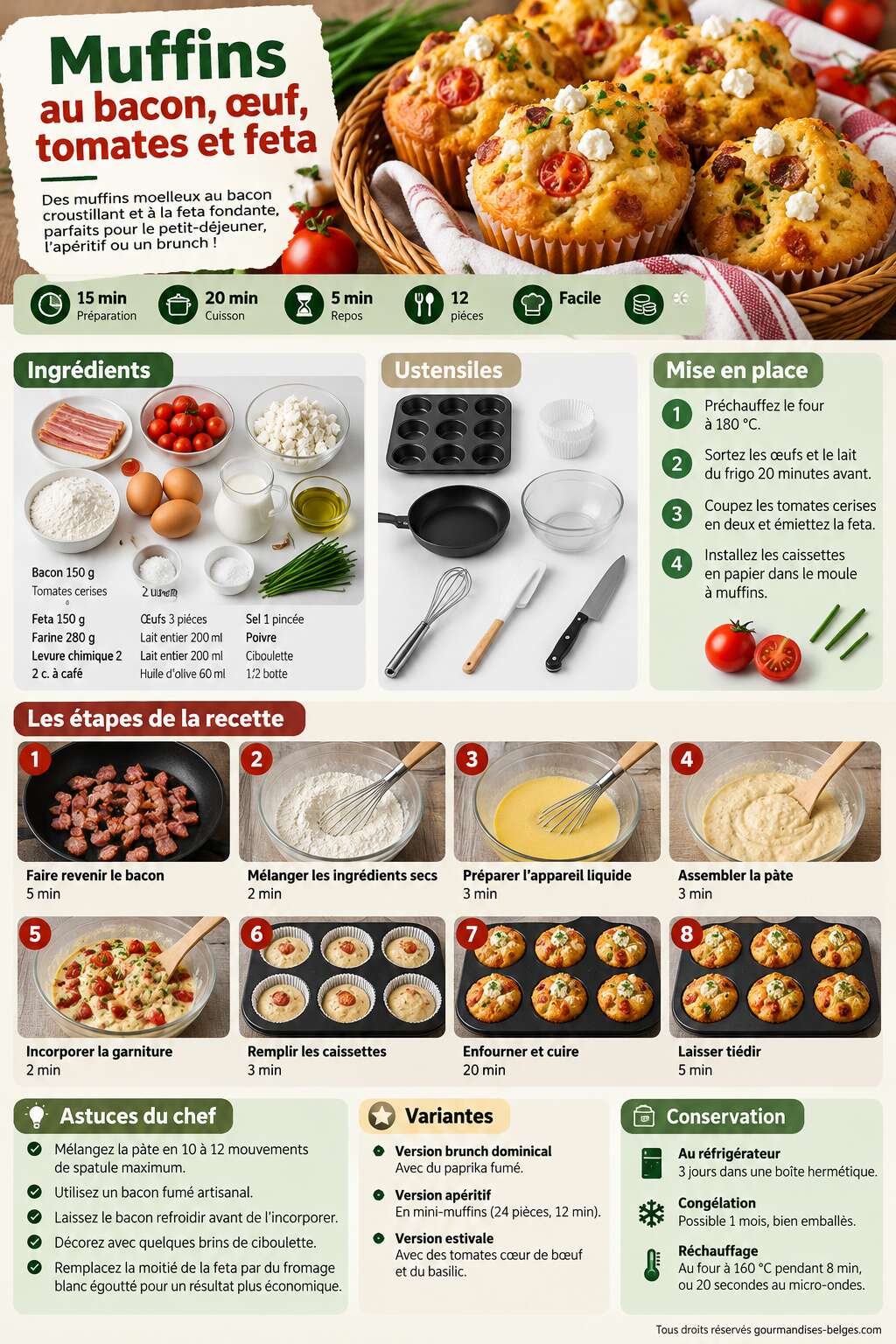Fiche recette Recette de muffins au bacon, &oelig;uf, tomates et feta