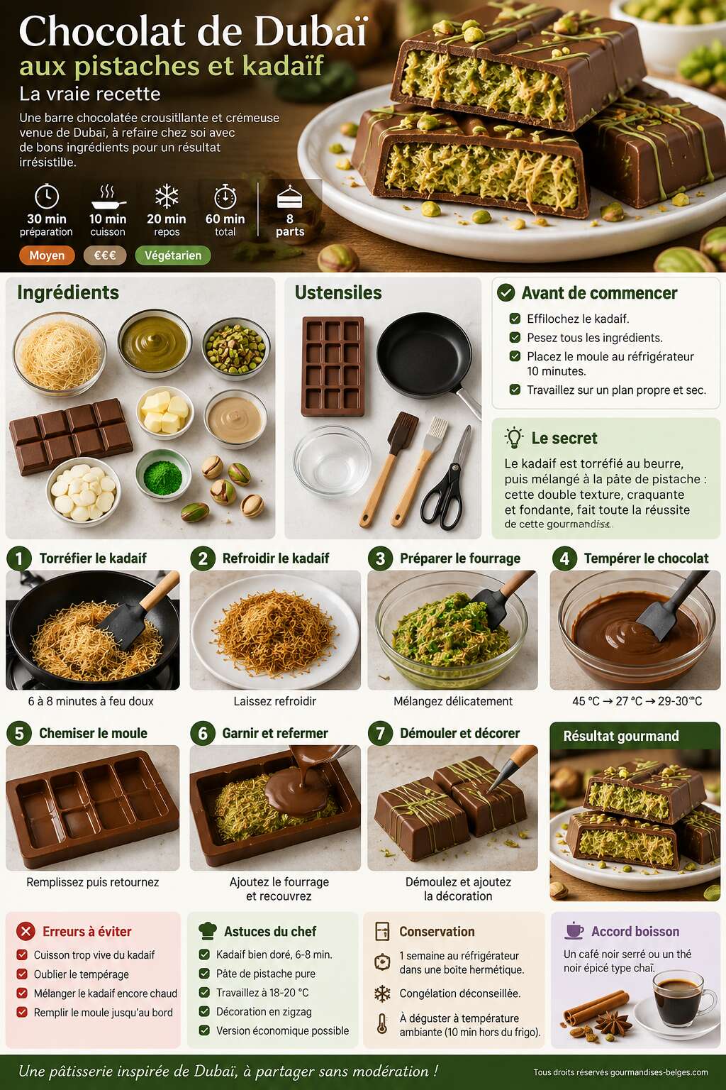 Fiche recette Chocolat de Dubaï aux pistaches et kadaïf : la vraie recette Fiche recette Chocolat de Dubaï aux pistaches et kadaïf : la vraie recette